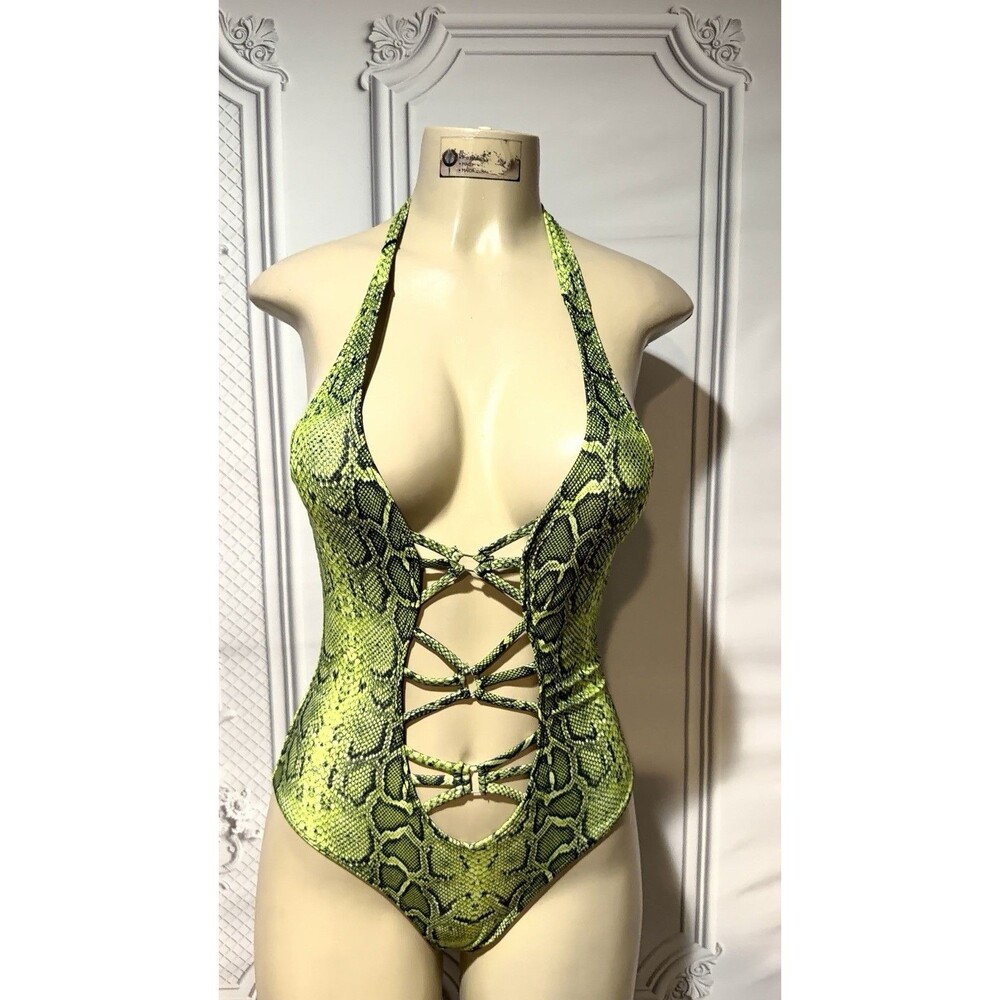 Sexy Snake Skin Halter Monokini Women Swimwear One Piece Swimsuit Tummy Cut Out